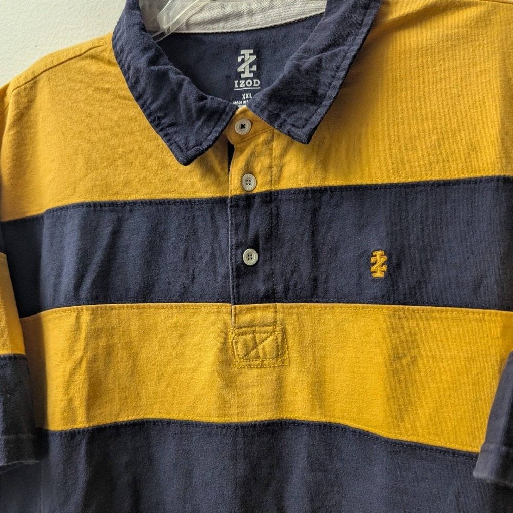 IZOD Polo Shirt Yellow Navy Blue Striped Short Sleeve XXL Rugby 90s Streetwear